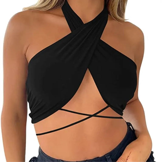 Y2K Women’s Sexy Tops 2023 New Sexy Solid Fitted Halter Backless Crop Tops Summer Party Women Sleeveless Vest