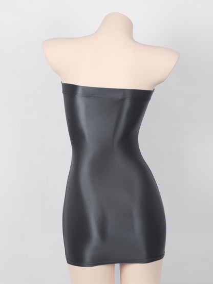 Sexy Women Oil Glossy Sheer Bodycon Dress Females See Through Strapless Pencil Dress Smooth Tight Mini Dress Clubwear
