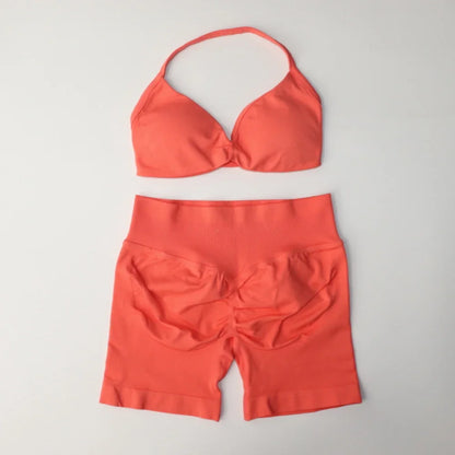 Gym Set Women Two Piece Strappy Yoga Bra Top Workout Scrunch Shorts Suit Fitness Clothes Seamless Sportswear Workout Set