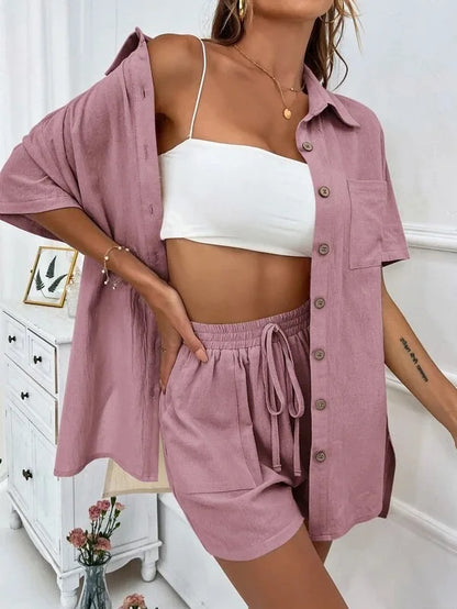 Long Sleeve Single breasted Top Broad legged Shorts Set Fashion Ladies Sexy Solid Suits 2024 Summer 2 Piece Outfits For Women