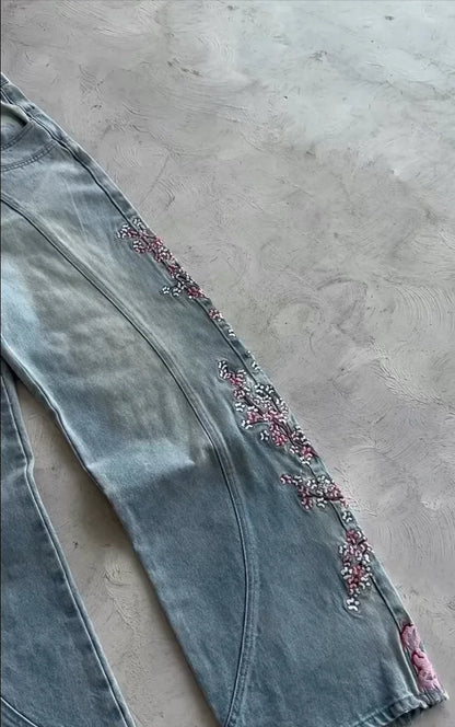 メンズ レディース チェリーブロッサムナイト オール刺繍 デニムパンツ Y2K ヴィンテージ バギー ストリート ストレートジーンズ ハイウエスト ウォッシュ加工 ブルージーンズ