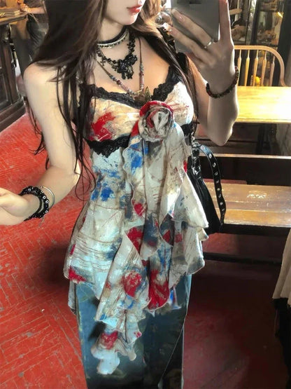 Sweet Print Slim Camisole Summer High Street Coquette Asymmetrical Tees New American Style Sexy Gyaru Halter Top Women Design