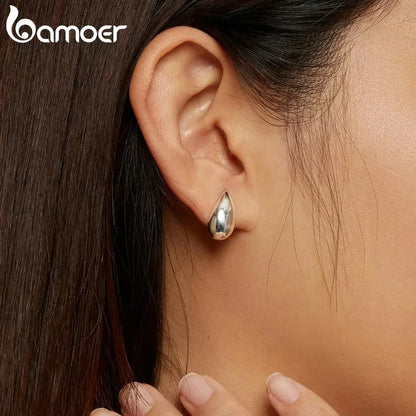 BAMOER Authentic 925 Sterling Silver Glossy Waterdrop Earrings Teardrop Hook Earrings for Women Minimalist Fine Jewelry Gift