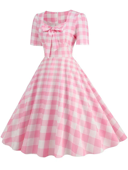 Green Plaid Swing Party Dresses Women Elegant Vintage Square Collar Short Sleeve Casual Summer Dress