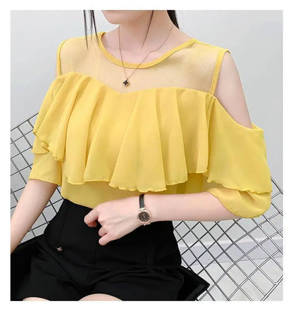 Off Shoulder Sexy Chiffon Blouses Women 2025 Summer Korean Fashion Clothes Ruffles Slim Sweet Ladies Casual Lace Tops Shirts Y2k