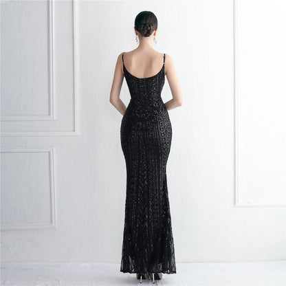 Women's Black Long Sleeve Padded Strap Sequin Dress Length, Sparkles Stretch, V Neck Mermaid, Formal Evening Dress, Night Party