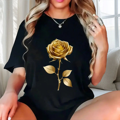 Gold rose print personalized trend plus size Ladies' casual short sleeved T-shirt black