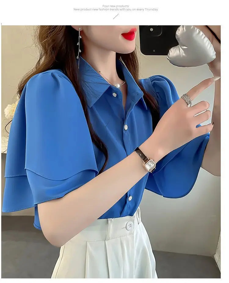French Lady's Summer Loose Shirt Women's New Loose Blouse Solid Color Ruffle Short Sleeve Chiffon Top