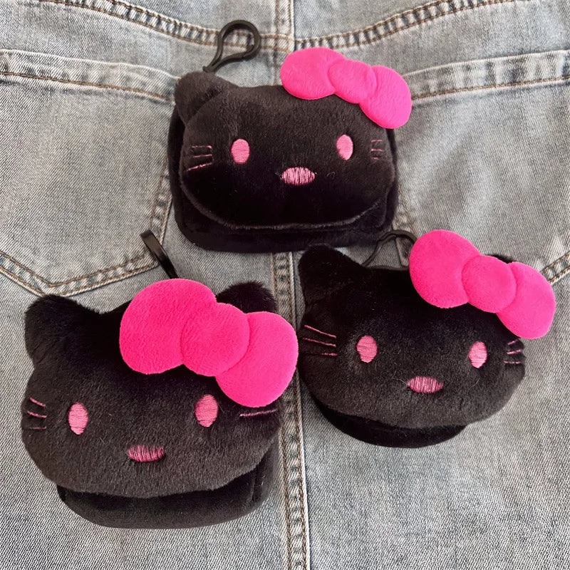 New Fashionable Black Cartoon Cat Plush Wallet Keychain Pendant Cute Girl Heart-Shaped Round Headphone Storage Bag