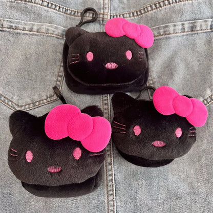 New Fashionable Black Cartoon Cat Plush Wallet Keychain Pendant Cute Girl Heart-Shaped Round Headphone Storage Bag