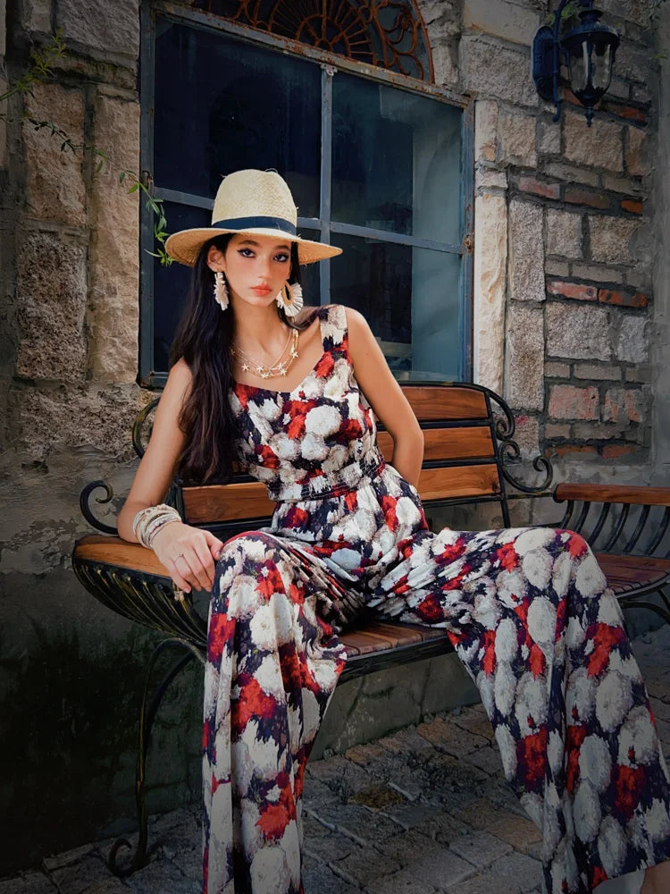 Summer Print Tencel Jumpsuits Women's Clothing Tank Spaghetti Strap+Wide-Leg Pants Draped Full Length Y2K DABUWAWA DM2BJP005