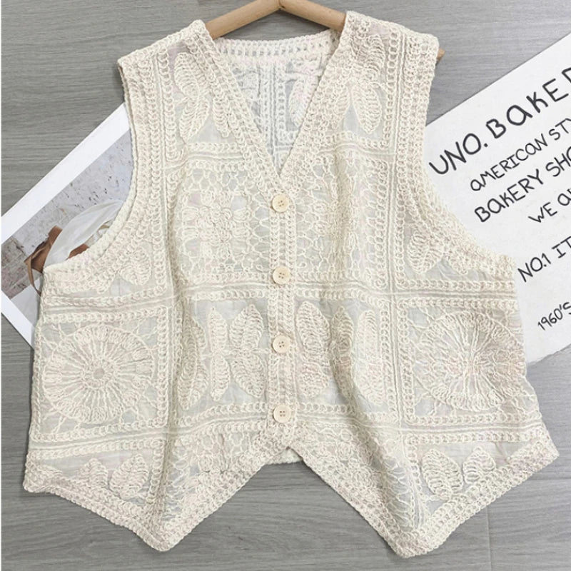 Vintage Cotton Sleeveless Crochet Vests Jackets For Women Tank Tops Summer Loose Boho Beach Cover Up Casual Women's Blusas