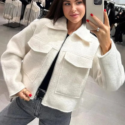 MUJER クロップド丈ボンバージャケット レディース ホワイト ブラック ツイードジャケット レディース 秋 ジッパー オーバーサイズジャケット レディース 長袖 レディースコート