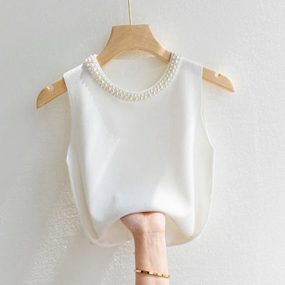 Korea Knitted Vests Women Top Solid Tank Blusas Mujer De Moda Summer New Fashion Female Sleeveless Beading Casual Thin Tops