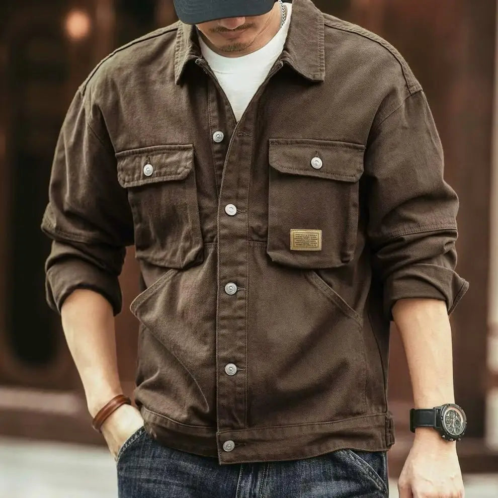 American Retro Denim Jacket Men's Autumn and Winter Trendy Brand Heavyweight Washed Lapel Jacket Trendy and Cool French Workwear
