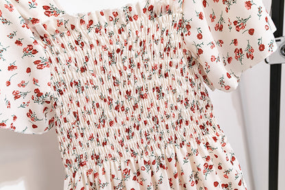 Summer Autumn Fashion Female Short Sleeve Elastic Waist Printed Floral A-line Midi Dress Women Chiffon Dresses Casual Dress