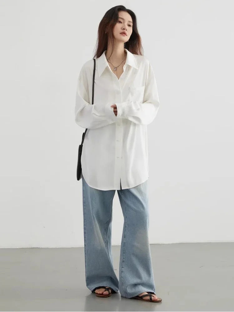 CHIC VEN Korean Women Shirt White Solid Pleated Side Slit Loose Long Sleeved Woman Blouses Female Tops Spring Summer 2025