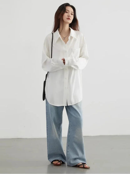 CHIC VEN Korean Women Shirt White Solid Pleated Side Slit Loose Long Sleeved Woman Blouses Female Tops Spring Summer 2025
