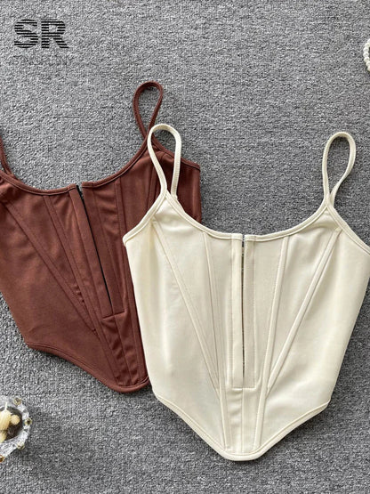 SINGREINY Patchwork Slim Camisole Women Backless Strap Y2K Crop Top Zipper Streetwear Ladies Fashion Sexy Club Summer Tank Top