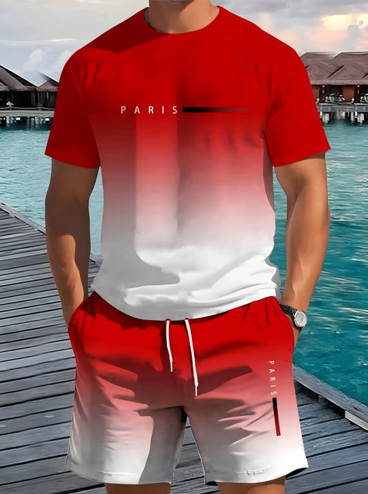 2025  Summer men Latest Polyester Unisex Gradient print Short Sleeve T-Shirt Shorts Set Adult  Jogging 2 Piece Set men Clothing