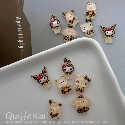 Sanrio Hello Kitty, Melody & Kuromi Cartoon Nail Accessories - 10PCS Cute Mini Resin Trinkets, Leopard & Maillard Print Pattern,