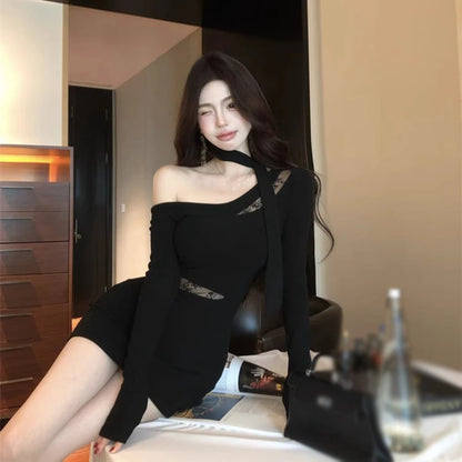 レディース スラントカラー ストラップレス アシンメトリー 長袖 ドレス 韓国風 レース切り替え セクシー ミニドレス ブラック