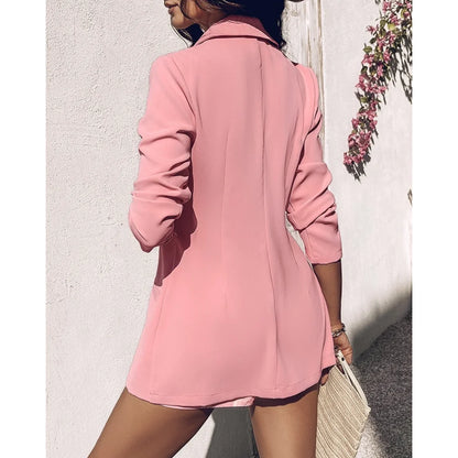 Summer Women 2 Pieces Outfit Long Sleeve Blazer and Floral Print Casual Shorts Set With Belt