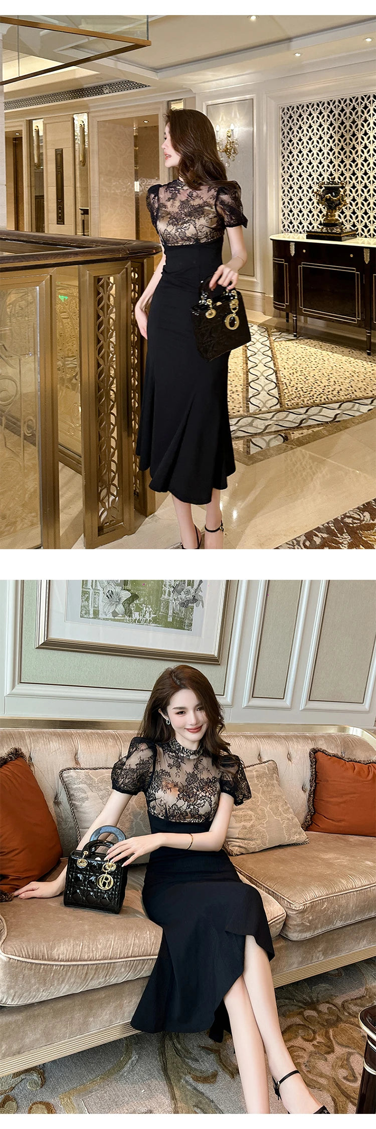 Elegant Style Long Dress Women Retro Chic Sexy Black Sheer Lace Spliced High Waist Fishtail Robe Femme Party Prom Vestidos Mujer