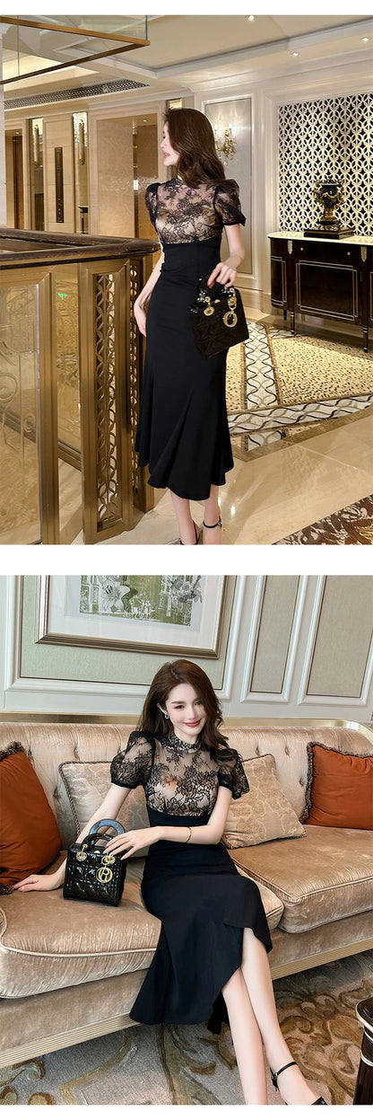Elegant Style Long Dress Women Retro Chic Sexy Black Sheer Lace Spliced High Waist Fishtail Robe Femme Party Prom Vestidos Mujer