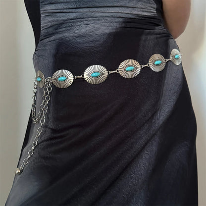 Fashion Silver Bohemian female circular waist chain luxury blue gemstone Ellipse chain belts for women suitable for Skirts dress