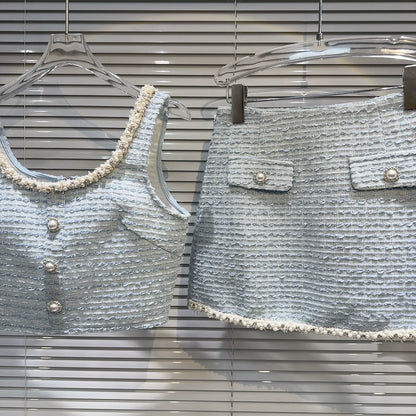 Women's Elegant Two Pieces Tweed Pearls Skirt Set Lady High Street Sexy O Neck Sleeveless Crop Tank Top + Minis Kirt