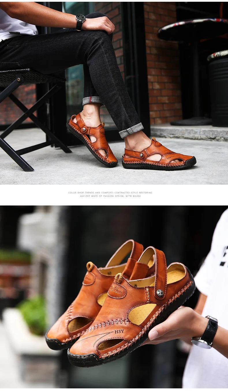 Sandals Man Summer 2023 Leather Slides Breathable Rome Male Outdoor Beach Platform Slippers Soft Hot Sale Men Flat Sandals