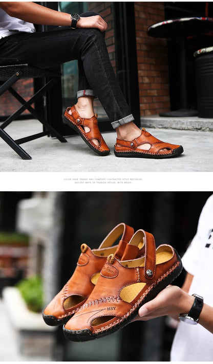 Sandals Man Summer 2023 Leather Slides Breathable Rome Male Outdoor Beach Platform Slippers Soft Hot Sale Men Flat Sandals