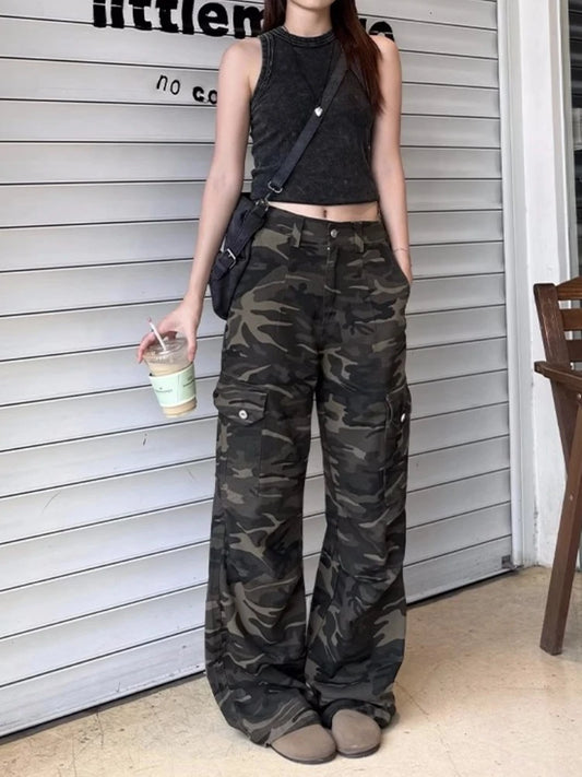 アメリカンレトロ カモフラージュ ゆったりストレートレッグ ワークパンツ レディース ストリートデザイン センセーション デニム ハイストリート ロングジーンズ
