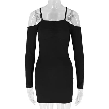 Black Sexy Mini Dresses Women Autumn New Streetwear Fashion Long Sleeves Lace-up Casual Slim Dress Off Shoulder Backless Dresses