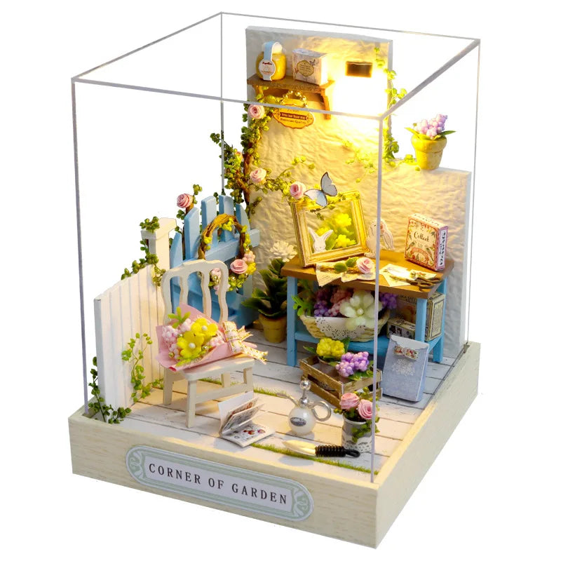 木製ミニチュアドールハウス DIY 小さな家キット 3Dパズル 組み立て式ハウス 家具 おもちゃ 子供の誕生日プレゼント