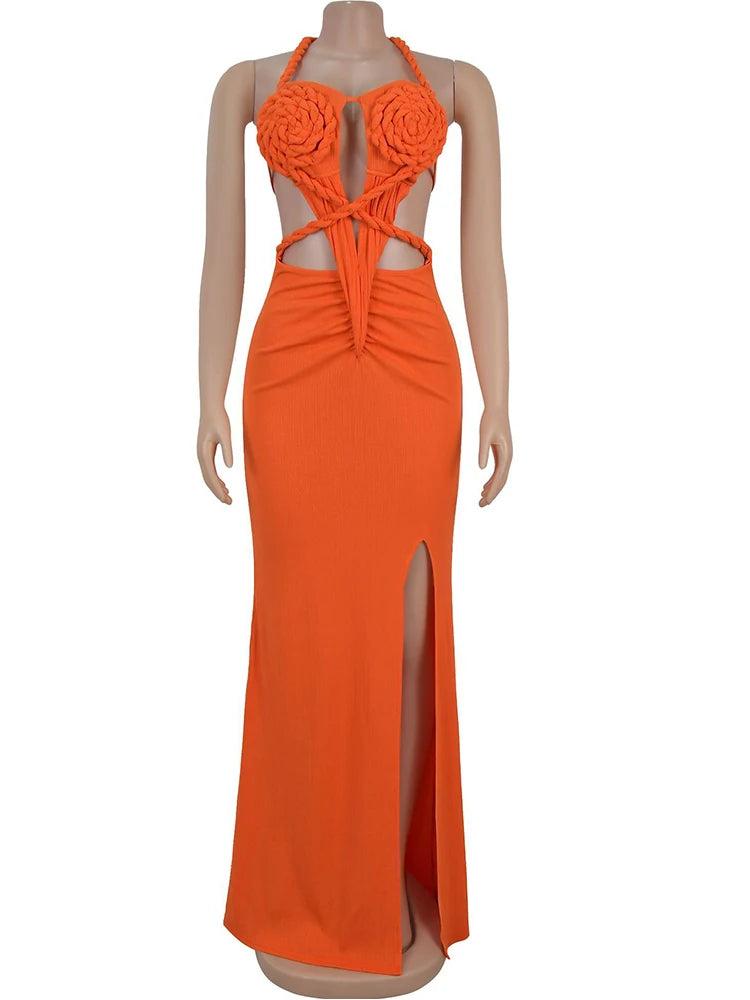 Beyprern Women's Cut-Out Ruched Maxi Dress Orange Sexy Halter Neck Backless High Slit Bandage Party Dresses Birthday Outfits
