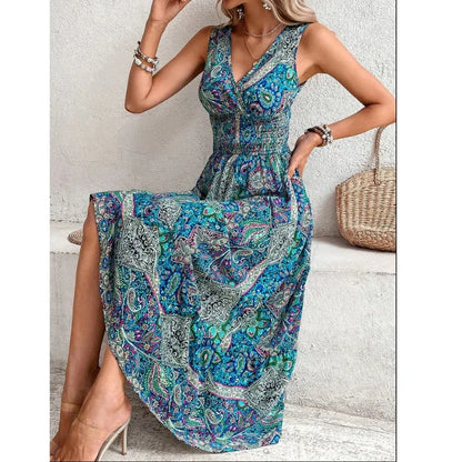 New Fashion Elegant High Waisted Sleeveless Boho Dress Summer Women Print V Neck Casual Long Dresses For Women Robe Femme
