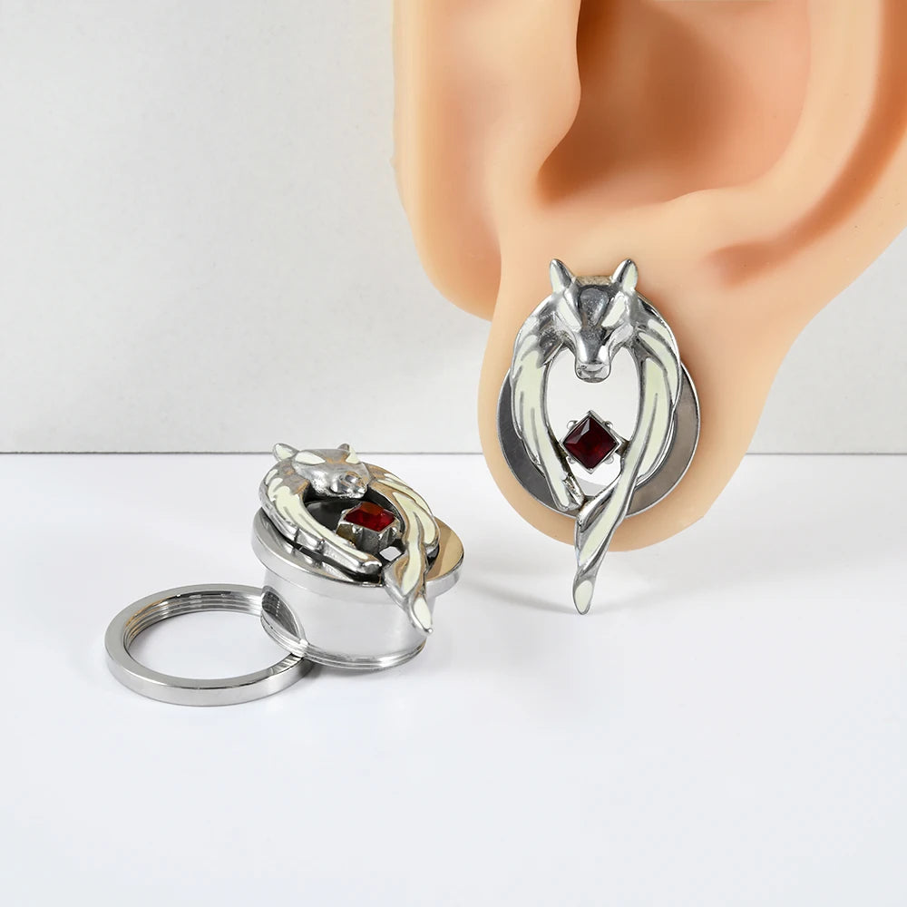 1PC Stainles Steel Luminous Wolf Head Red CZ Ear Plugs Expanders Screw Ear Gauge Earring Gauges Stretchers Body Piercing Jewelry