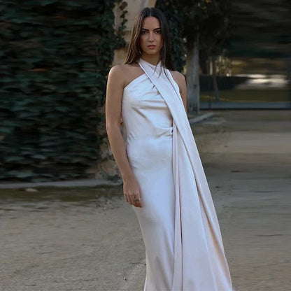 Elegant Satin Ribbon Halter Backless Sleeveless Dress for Women Slim Fit Party Evening Robes Lady Solid Color Autumn Summer 2025