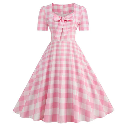 Green Plaid Swing Party Dresses Women Elegant Vintage Square Collar Short Sleeve Casual Summer Dress