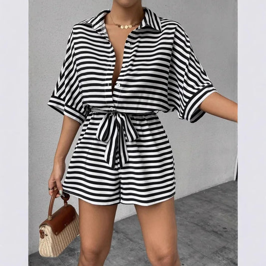 Summer New Set For Women's Casual Loose Comfortable Outfit Fashion Striped Batwing Sleeve Shirt Top+ Shorts 2-piece Sets Woman