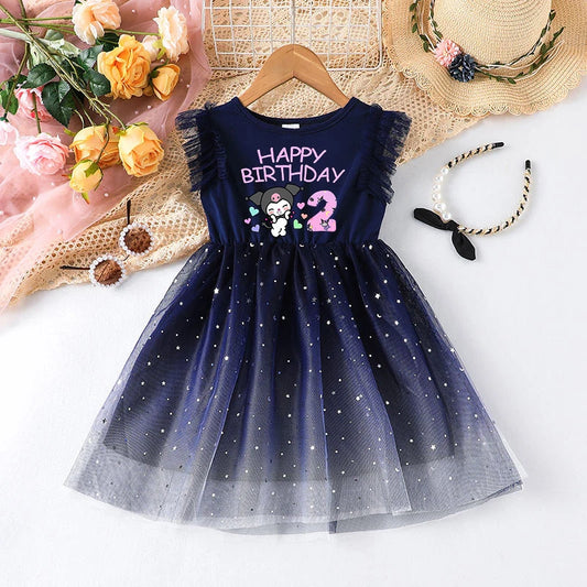 Kuromi Baby Dress Birthday Number Girl Party Dresses Children Cute Mesh Star Sequins Princess Dress Kids Flying Sleeve Skirt