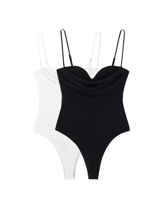 TRZA Women Sexy Fashion With Sweetheart Neck Draped Bodysuits Backless Zipper Thin Straps Female Playsuits Mujer