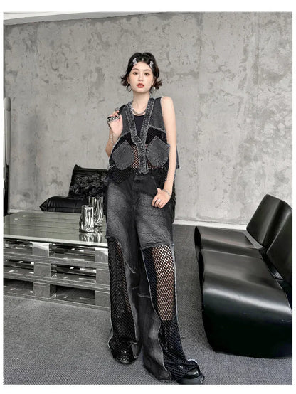 Grid Stitching V-Neck Denim Vest Women's Summer Fried Street Fashion Brand Loose Burrs Short Sleeveless Vests Jackets Female