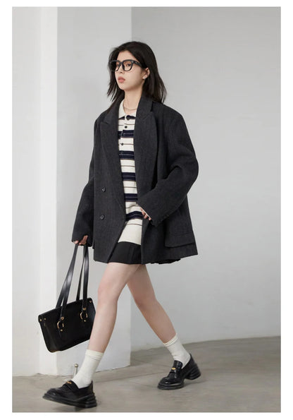 CHIC VEN Women Woolen Blazer Loose Vintage V Neck Female Jacket Suit Double Breasted Office Ladies Coat Spring Autumn 2025