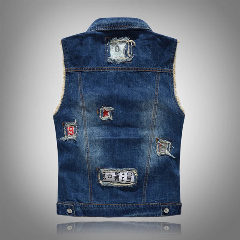 Spring Summer Men's Denim Vest Fashion Male Hip Hop Patch Hole Waistcoats Male Night Club Party Jeans Sleeveless Jacket Clothing