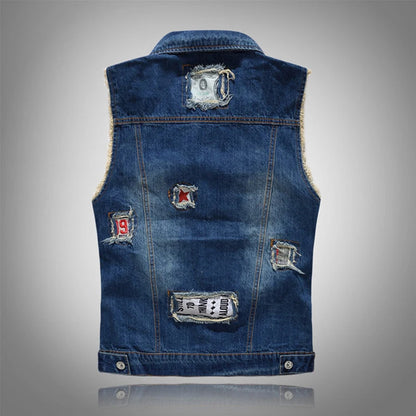 Spring Summer Men's Denim Vest Fashion Male Hip Hop Patch Hole Waistcoats Male Night Club Party Jeans Sleeveless Jacket Clothing