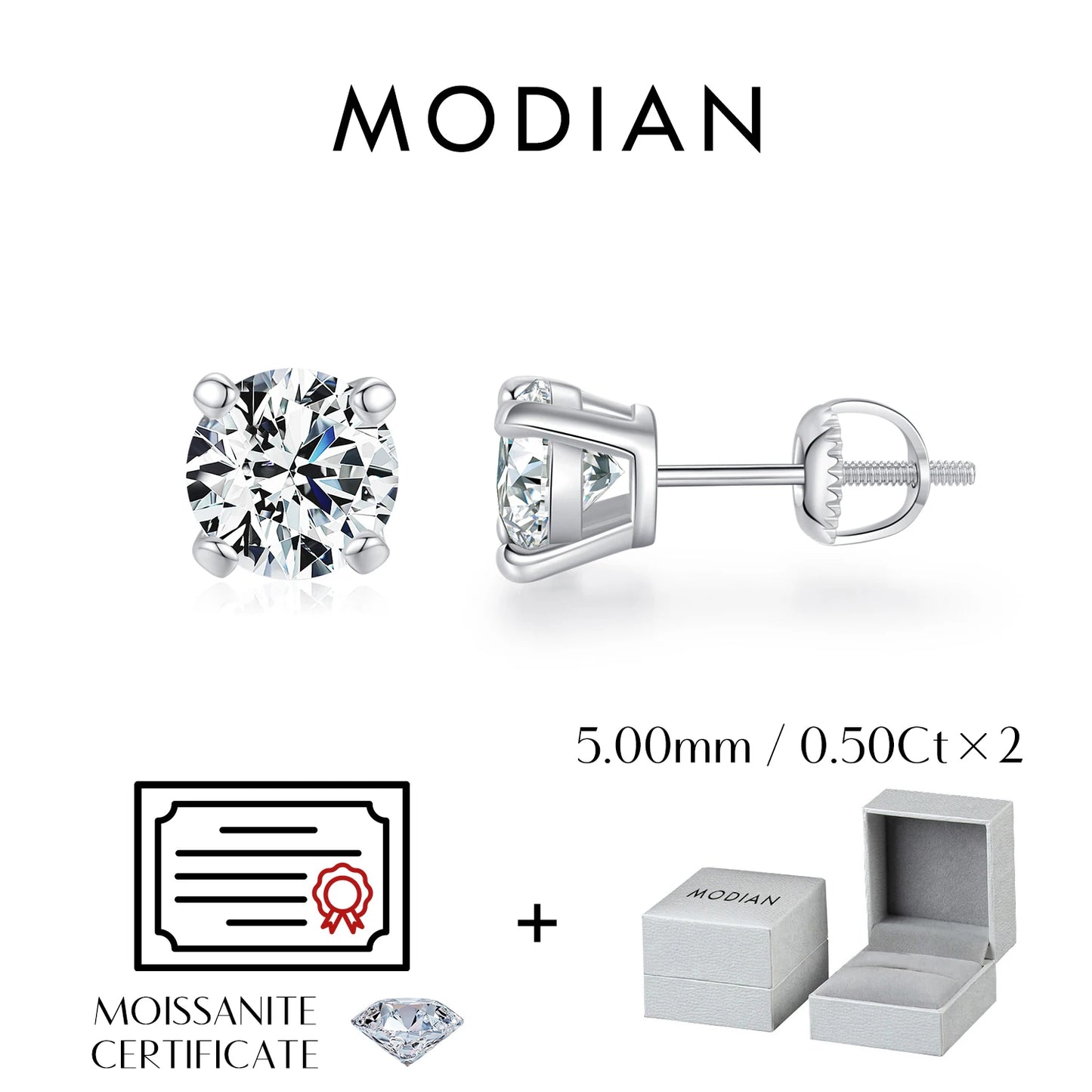 MODIAN D Color 1CT Moissanite Stud Earrings For Women 925 Sterling Silver 0.5CT Dazzling Lab Diamond Wedding Jewelry Gifts
