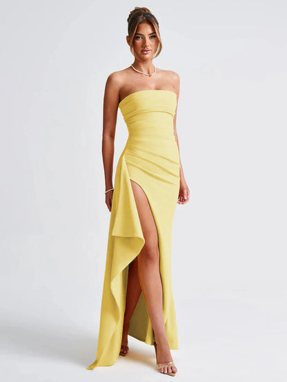 Giyu Sexy Club Evening Party Dresses Women 2025 Summer Slash Neck Backless Ruffles Split Maxi Long Dress Elegant Bodycon Robe
